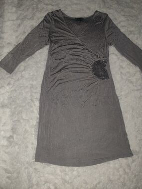 Slinky Brand Long Sleeve Grey V-Neck Ruched Dress with Beaded Waist